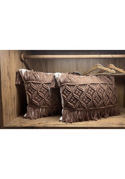 Sonbahar Esintisi: Kahverengi Makrome Lumbar Kırlent Kılıfı - Ekru Kılıflı 35x50 Cm Diğer