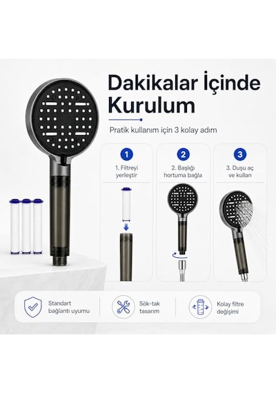 Tr Duş Başlığı Seti Antrasit Gri - Filtreli Arıtmalı El Duşu - 6 Fonksiyonlu Yüksek Basınçlı Model - 3 Yedek Diğer