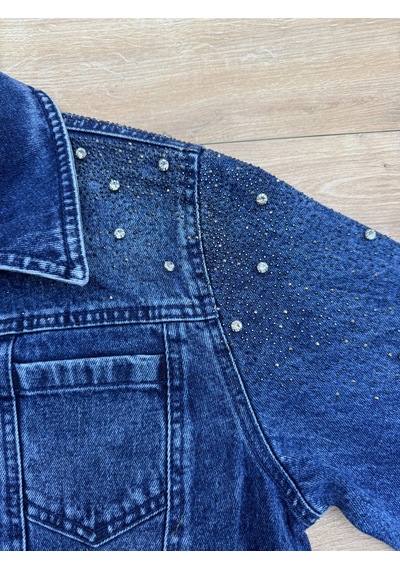 Büyük Beden Yakalı Taş Detaylı Cepli Kadın Denim Ceket Mavi