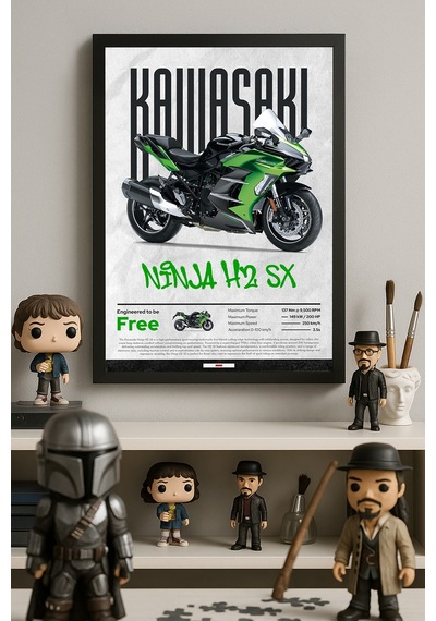 Kawasaki Ninja H2 Sx Siyah Ahşap Çerçeveli Poster, Dekoratif Motosiklet Duvar Tablosu
