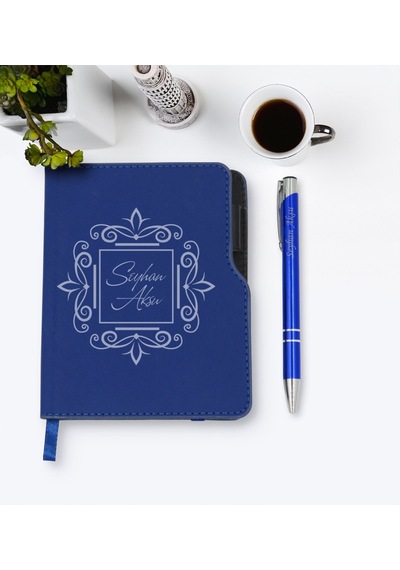 Kişiye Özel Isimli Lacivert Termo Deri Defter Kalem Seti-1