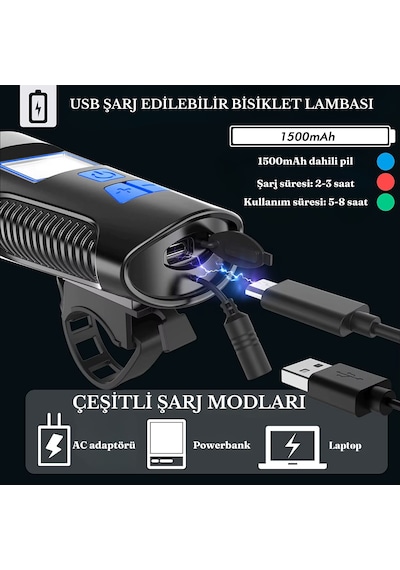 Greatech Şarjlı Bisiklet Lcd Hız Göstergesi Su Geçirmez Led Işık Km Ekran Kronometre Bisiklet Kornası Feneri Siyah - Mavi