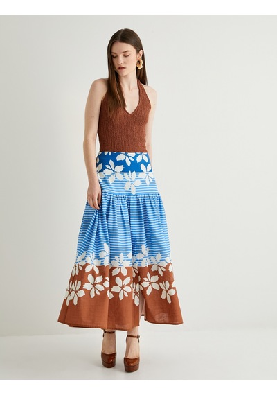 Koton Floral Midi Balon Etek A Kesim Çok Renkli Pamuklu Astarlı Mavi Desenli 4sak70092ew Mavi Desenli Mavi