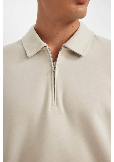 DeFacto Regular Fit Polo Yaka Yarım Fermuarlı Basic Düz Sweatshirt D2279AX24AUGR425 Gri