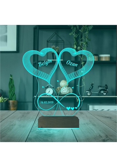 Luvivia 2 Kalp Sonsuzluk Sevgiliye Hediye Kişiye Özel 3d Lamba - Masa Gece Lambası V3
