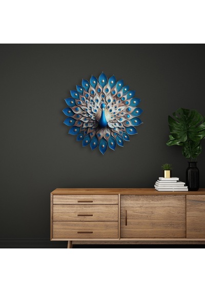 Mavi Tavuskuşu Simetrik - Metal Tablo - Dec0113 90 X 90 Cm Çok Renkli