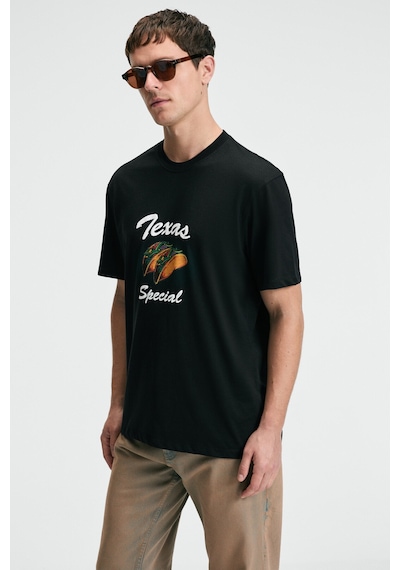 Grimelange CRISP Erkek Oversize %100 Pamuk Baskılı Yuvarlak Yaka Siyah T-Shirt