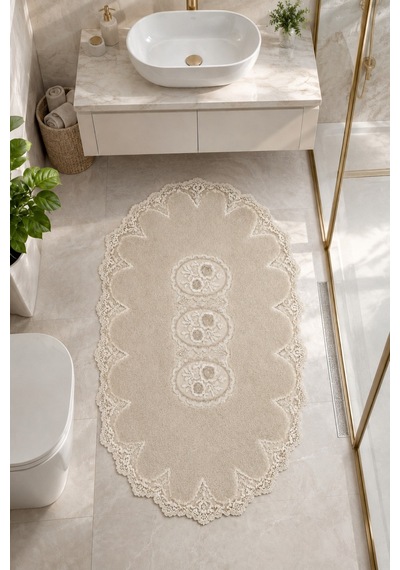 Vizon İşlemeli Kaymaz Deri Tabanlı Oval Banyo Paspası Güpürlü Yıkanabilir Banyo Takımı Liana Beyaz