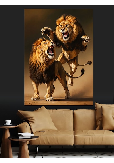 Ahşap Tablo Kavga Eden İki Aslan Resmi