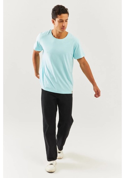 Erkek Oversize Rahat %100 Pamuklu Penye Bisiklet Yaka Kısa Kol Basic T-shirt Buz Mavisi