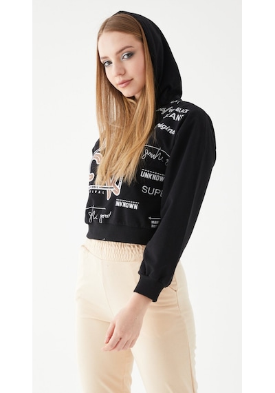 Siyah Baskılı Kapüşonlu Sweatshirt-l Siyah