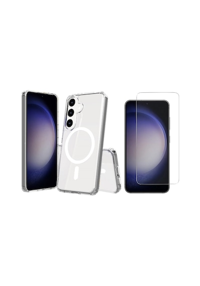 Vendas Galaxy Uyumlu S24 Fe Kılıf Magsafe Şarj Özellikli Şeffaf Sert Pc Zore Embos Kapak + Nano Ekran Koruyucu Şeffaf