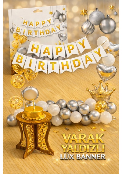 Altın Varak Yaldızlı Lüks Happy Birthday Banner - Beyaz Tüm Yaşlar