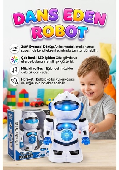 360 Derece Hareket Edebilen Dönen Kollu Hareketli Işıklı Müzikli Dans Eden Oyuncak Robot