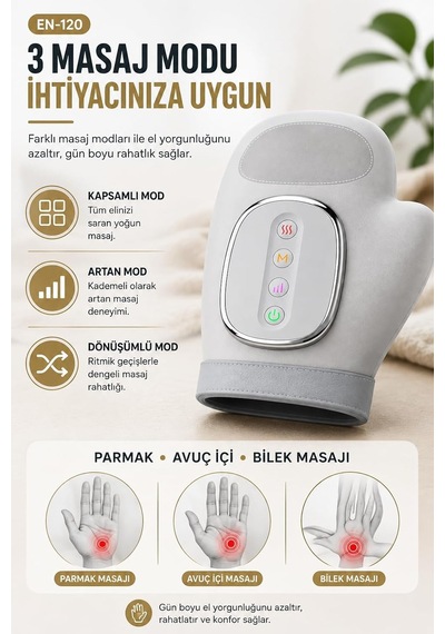 Elektrikli El Masaj Aleti Isıtmalı, 3 Masaj Modu 5 Yoğunluk Seviyesi, 3 Kademe Isıtma, 2000 Mah Şarjlı, Parmak Avu