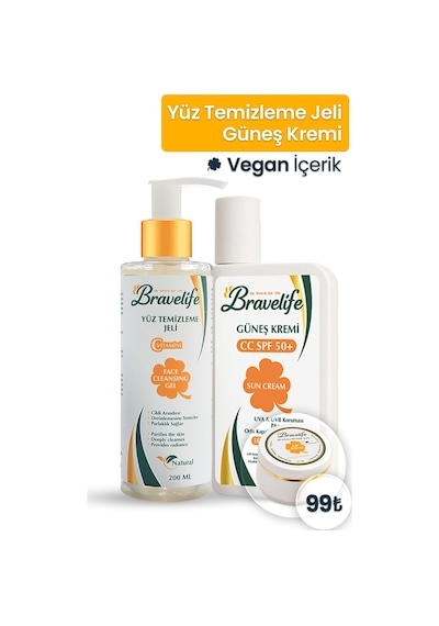 Bravelife C Vitamini Yüz Temizleme Jeli Ve Spf 50+ Güneş Koruyucu 2 Li Cilt Bakım Seti