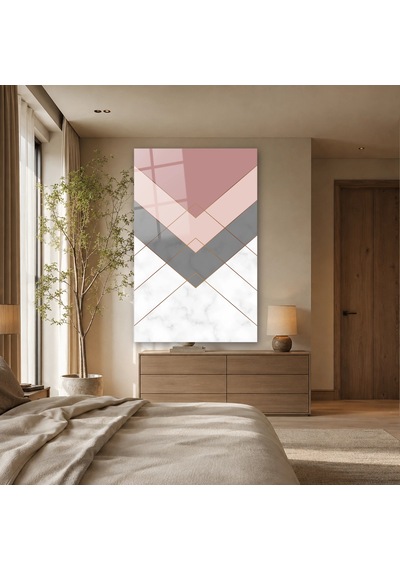 Pudra Gri Mermer Chevron Deseni Çerçevesiz Cam Tablo
