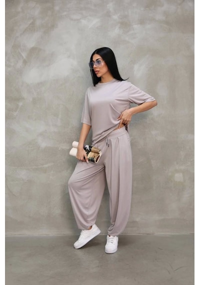 Osy Modal Yumuşak Dokulu Kumaş Oversize Bisiklet Yaka T-shirt Jogger Eşofman Altı Eşofman Takımı - Gri Gri