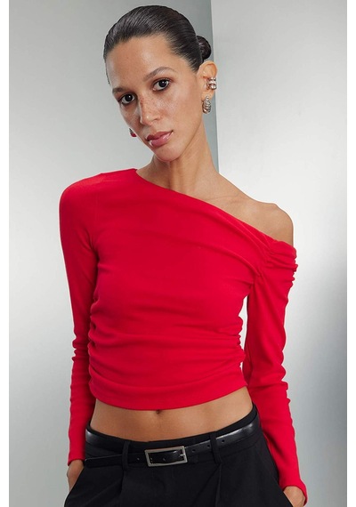 Defacto Kırmızı Slim Fit Dar Kesim Tek Omuzlu Ribana Basic Düz Uzun Kollu Tişört D4970AX24AURD117 Kırmızı