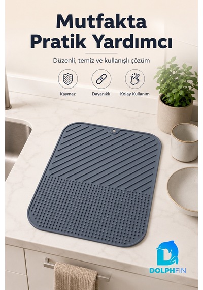 Silikon Bulaşık Kurutma Matı 38x28 Cm Kaymaz Tezgâh Üstü Gri Mutfak Matı