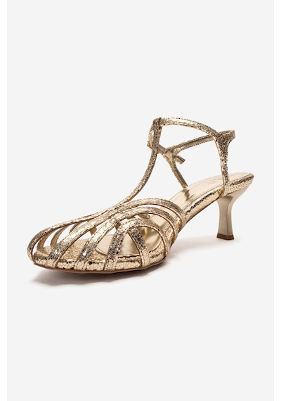 Luvishoes Felip Altın Desenli Bantlı Kadın Kısa Topuklu Ayakkabı Altın