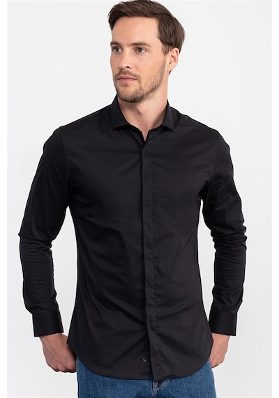 Tudors Süper Slim Fit Dar Kesim Erkek Gömlek-15231 Siyah