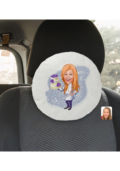 Bk Gift Kişiye Özel Kadın Chef Karikatürlü Yuvarlak Araç Koltuk Yastığı-2 Beyaz