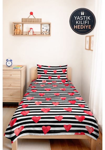 Çizgili Kalp Siyah Genç Odası Tek Kişilik Pike Takımı-modern Kırmızı 160x220cm Kapitone Yatak Örtüsü Kadife Defne Nefesi