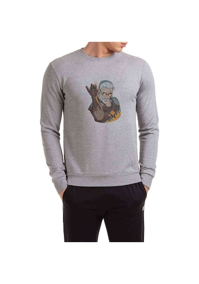 The Witcher Salt Bae Geralt Baskılı Gri Erkek Örme Sweatshirt