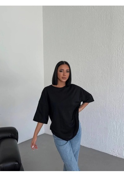 Kadın Düz T-shirt Kısa Kol Bisiklet Yaka Oversize Tişört - Siyah