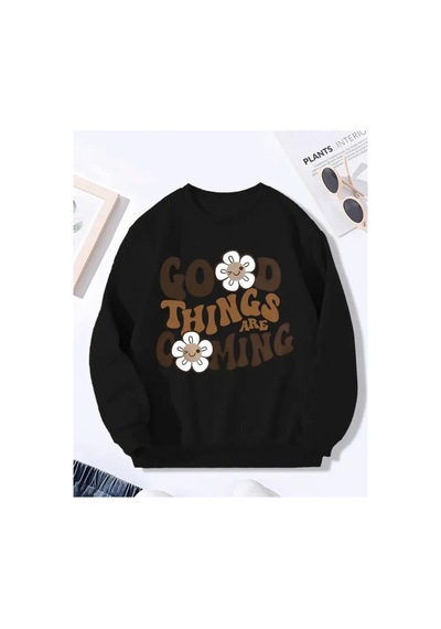 Herkesemoda Good Think Detaylı Bisiklet Yaka İçi Polarlı Sweatshirt Siyah