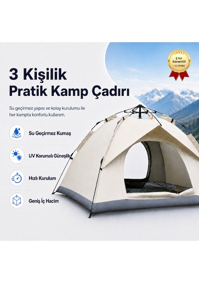Otomatik Kamp Çadırı 200x150x120 Cm Çift Katmanlı 3 Saniyede Kurulum Su Geçirmez 3 Kişilik-1615 Açık Mavi