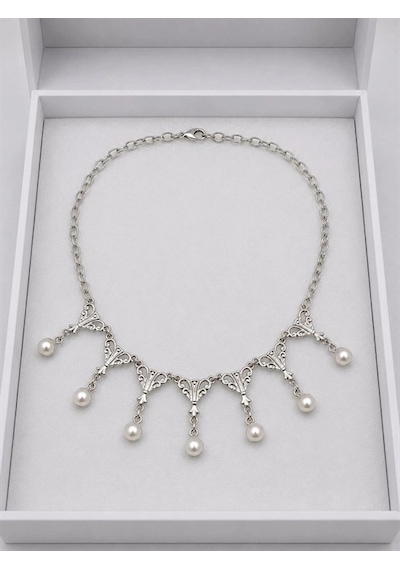 Minik İnci Detaylı Vintage Gerdanlık Kolye Gümüş 09062690