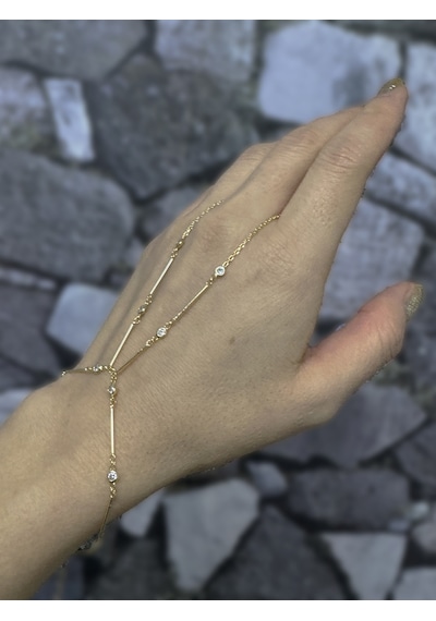 Zirkon Taşlı Gümüş Şahmeran Bileklik Uzun Çubuk Zincirli Tasarım - Gold Renk Altın