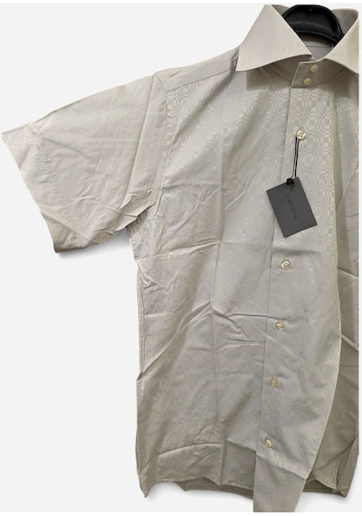 M Slim Fit Sert Yakalı Desenli Bej / Mavili Klasik Kısa Kollu Erkek Gömlek Kahverengi