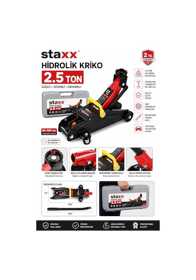 Staxx St2525 2.5 Ton Hidrolik Kriko Arabalı Oto Servis Garaj Krikosu 8-31cm Çantalı Çelik Gövde