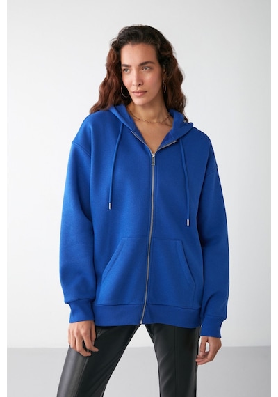 Grımelange Alena Kadın Basic Kanguru Cepli Oversize Organik Pamuk Fermuarlı Kapüşonlu Saks Mavi Sweatshirt Grımelange Alena Kadın Basic Kanguru Cepli Oversize Organik Pamuk Fermuarlı Kapüşonlu Saks Mavi Sweatshirt