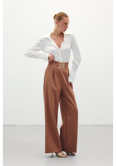 Sateen Bel Aksesuarlı Bol Paça Pantolon - Camel