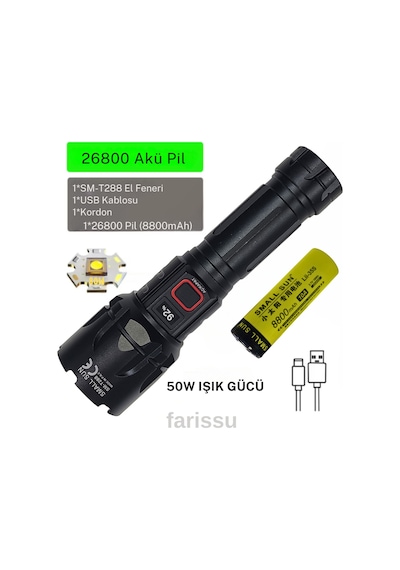 Small Sun 50w 5000 Lümen 26800 Model 8800 Mah Pil 1,5 İle 2 Km Menzilli 10 Saat Çalışma Süresi Siyah