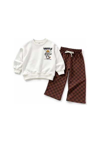 Waffle Baskılı Sweatshirt Ve Kahverengi Kareli Eşofman Alt Üst Takım Süper Kalite