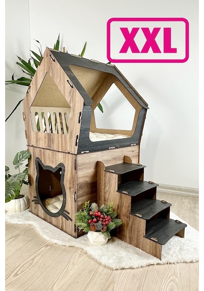 Mavitrend Ahşap Büyük Kedi Evi Xxl Açık Teraslı Model