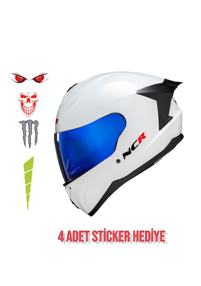 Ncr Rapid Mavi Cam Kapalı Kask Ece Belgeli Beyaz