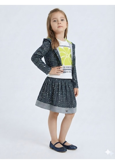 Xo Kids Simli Kumaş Kapüşonlu 3lü Kız Çocuk Etek Takımı 3-7 Yaş 4416 Lacivert
