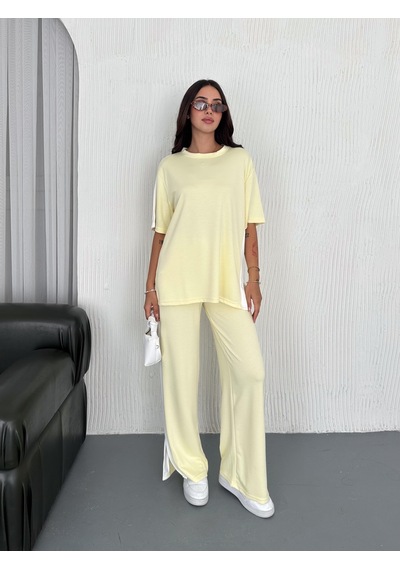 Elaxi Modal Şeritli Yırtmaç Detaylı Pantolon Tişort Takım Sarı