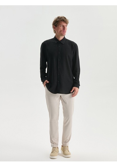 Lcw Vision Siyah Slim Fit Uzun Kollu Keten Karışımlı Erkek Gömlek