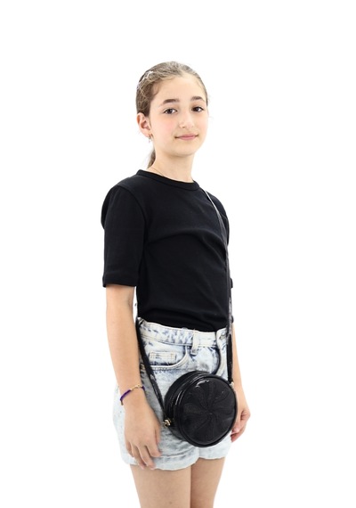 İcone Bag Yuvarlak Kız Çocuk Çantası Simli Suni Kız Çocuk Çantası Siyah