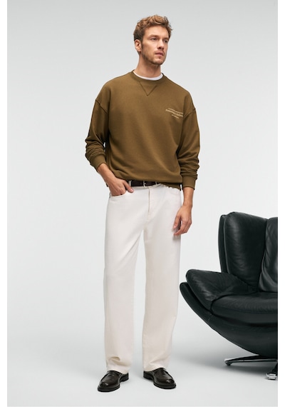 Grımelange CASPIAN Erkek %100 Pamuk Bisiklet Yaka Karyoka Dikişli Baskılı Haki Sweatshirt