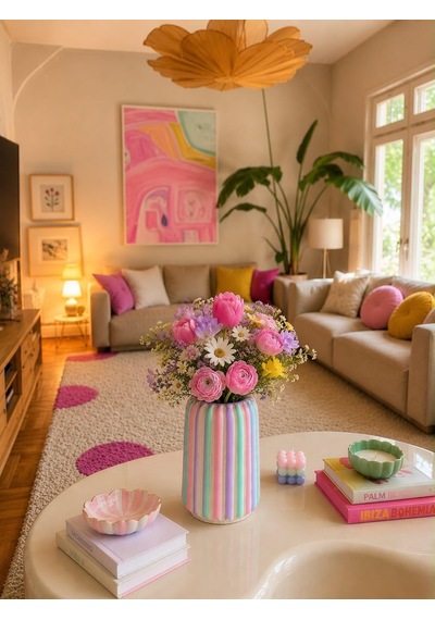 Mireva El Yapımı Beton Vazo, Pastel Çizgili, Maksimalist Modern Bohem Stil, 17 Cm Yükseklik, 10 Cm Genişlik, Pembe Diğer
