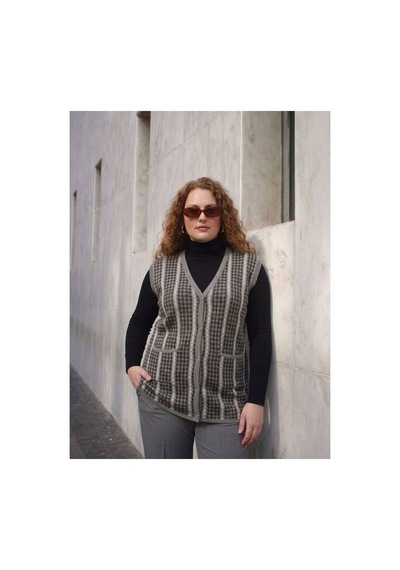 Onno Style Women Büyük Beden Kazayağı Desen Renkli Çelik Örgü Triko Kadın Yelek Gri