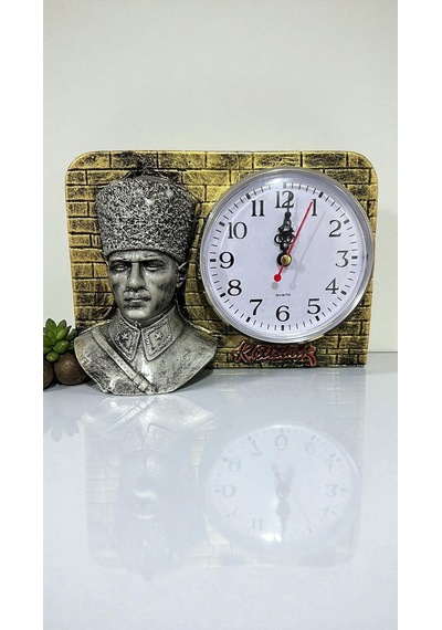 Atatürk Büstlü Dekoratif Duvar Saati Gold Eskitme